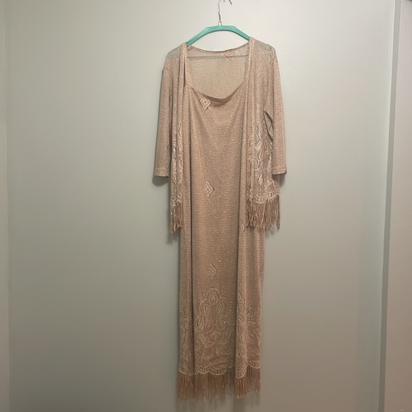 Vntg Harlow Y2k Women’s 2 Pc Maxi Lined Size 10 Knit Jacket/Dress fringes /gypsy - Picture 1 of 14